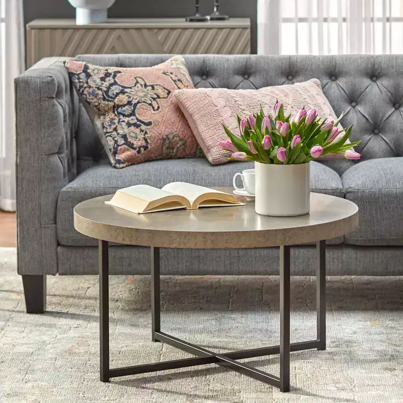Era Modern Round Coffee Table Gray/Black: Laminated MDF, Metal Frame, Indoor Use