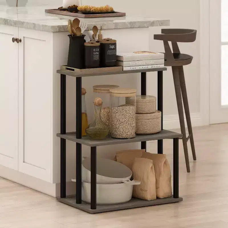 Furinno 3-Tier Ladder Kitchen Rack Storage Shelf Microwave Stand Open Shelves for Kitchen&Living Room&Home Storage,French Oak Grey/Black