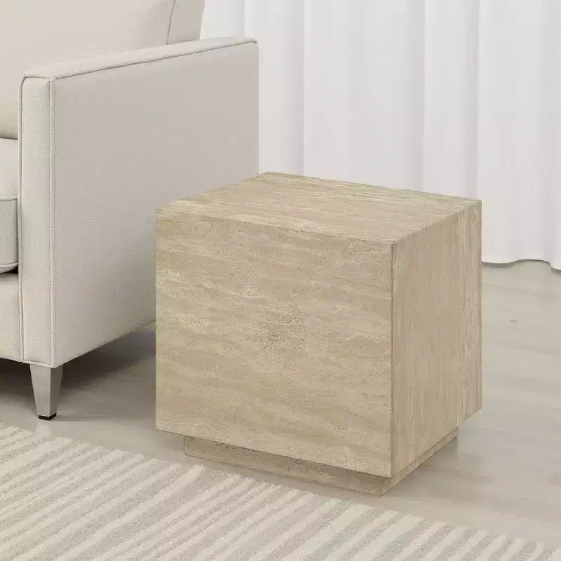 Royal Hampton Side End Table, 19 Inch Square Travertine Top, Natural Wood Beige