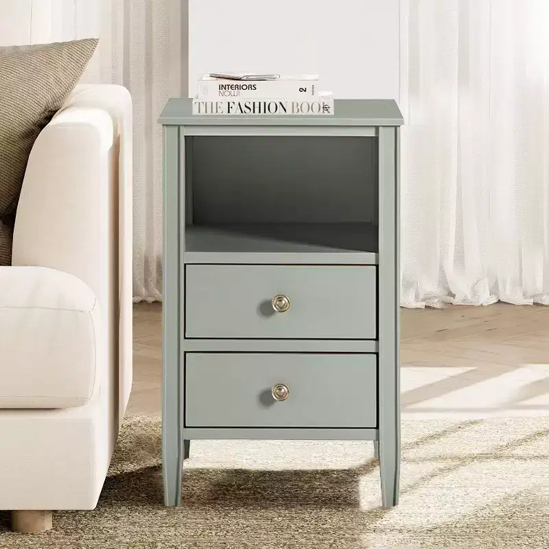 2-Drawer Storage Nightstand with Open Shelf, Gray
