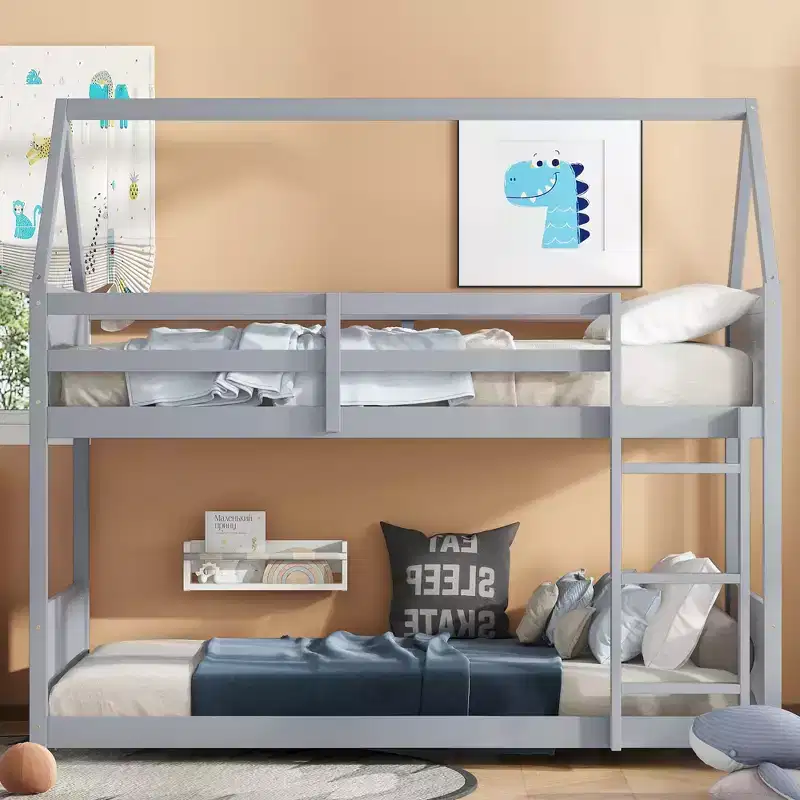Floor Bunk Bed Twin over Twin with Headboards and Footboard for Kids Teens, Wood House Shaped Bunk Bed Frame with Guardrail and Ladder