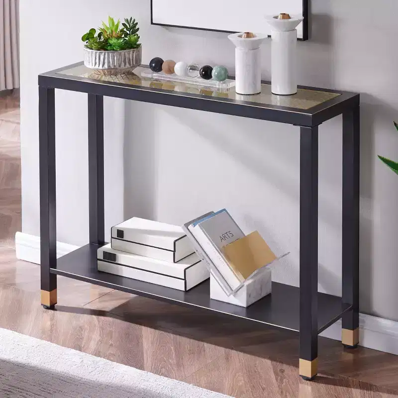 Tempered Glass Metal Frame 2-Tier Console Table 40.94