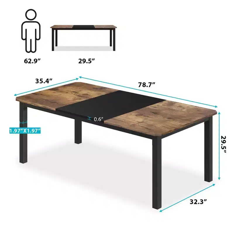 Industrial Dining Table for 6-8 People, 78.7 Inch Long Wooden Kitchen Table with Sturdy Metal Frame & Rustic Brown Finish-Seats 6 Rectangular Counter
