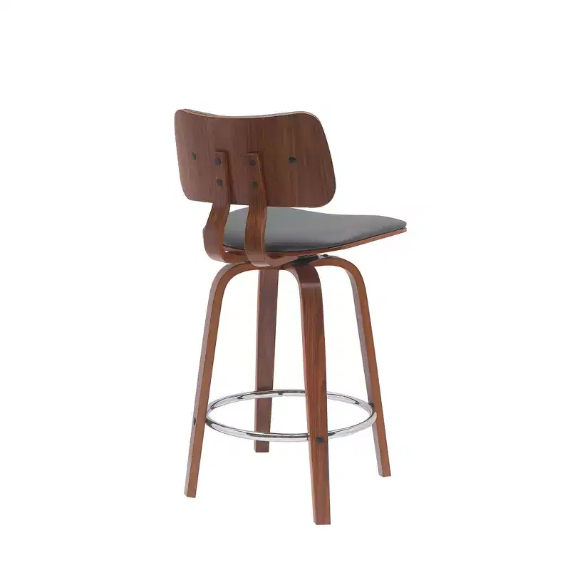 HomeRoots 26 Gray And Wood Brown Faux Leather Swivel Low Back Counter Height Bar Chair