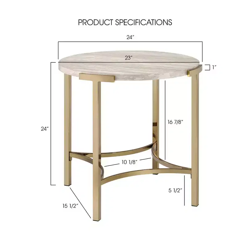 Modern Round End Table – Champagne Gold Legs & Faux Marble Top, 24x24 in
