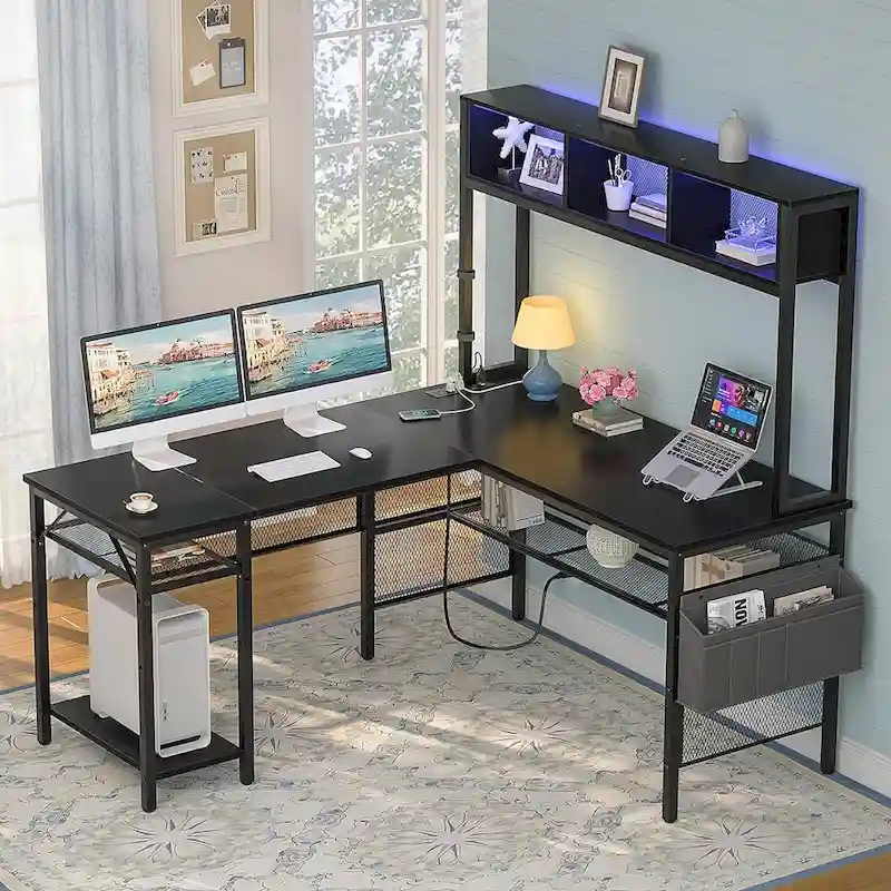 Rustic Brown / White / Pink / Black / Grey Oak L-Shaped Gaming Desk with RGB LED, Power Strip and Storage for 1 Person