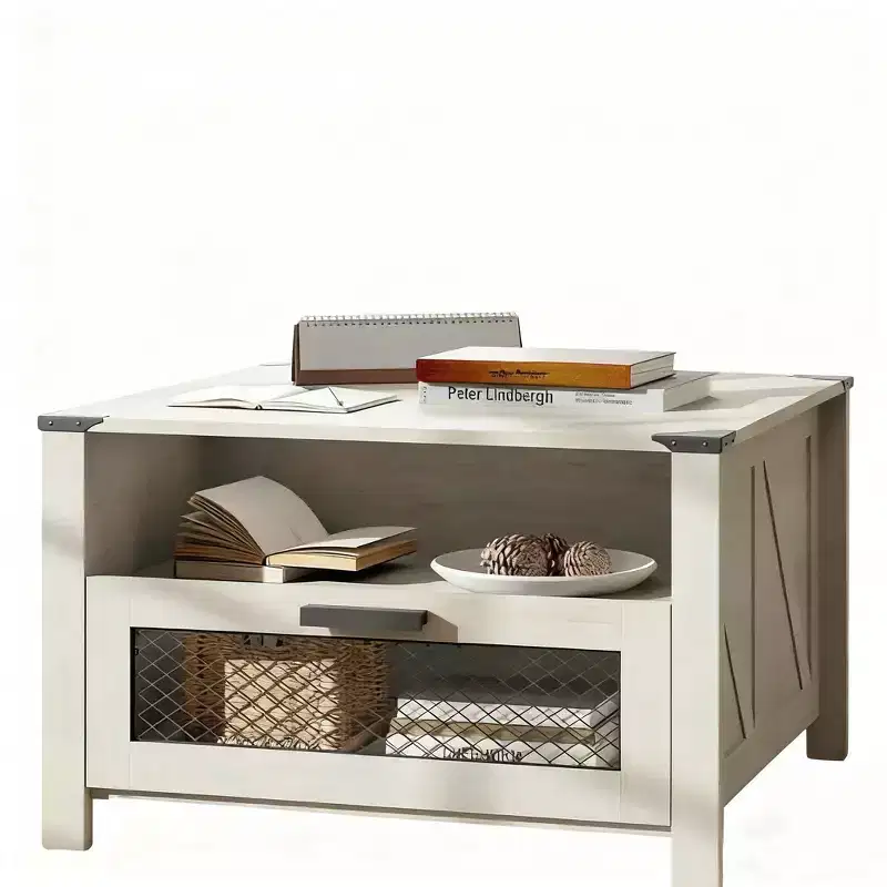 Industrial Coffee Table with 1 Drawer and 1 Shelf, Modern Living Room Table, Farmhouse Coffee table