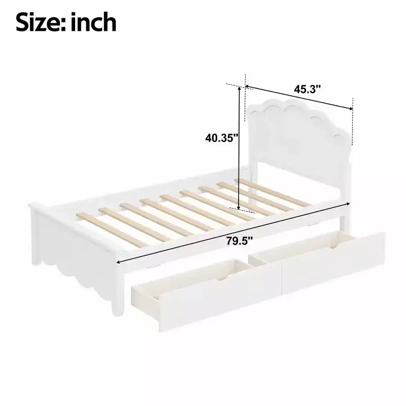 Modern Wood Platform Bed with Headboard & 2 Storage Drawers, White, Twin/Full, 600 lb