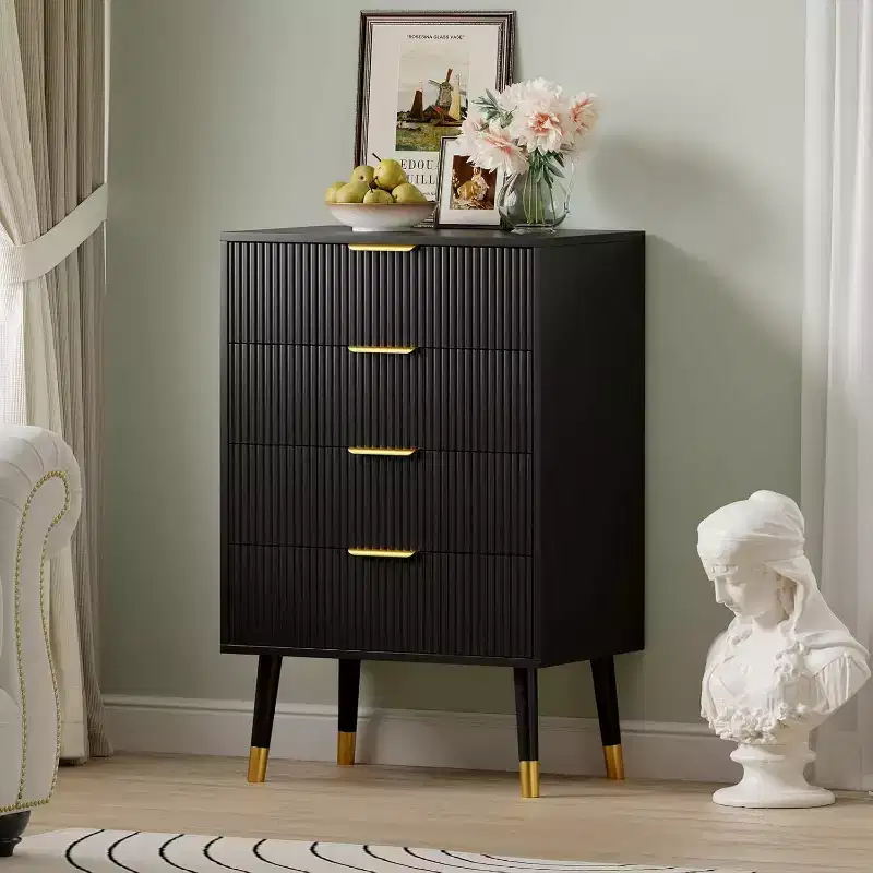 Tall 4 Drawer Dresser, Fluted Wood Chest of Drawers with Gold Handles, Vertical Storage Cabinet for Bedroom, Living Room