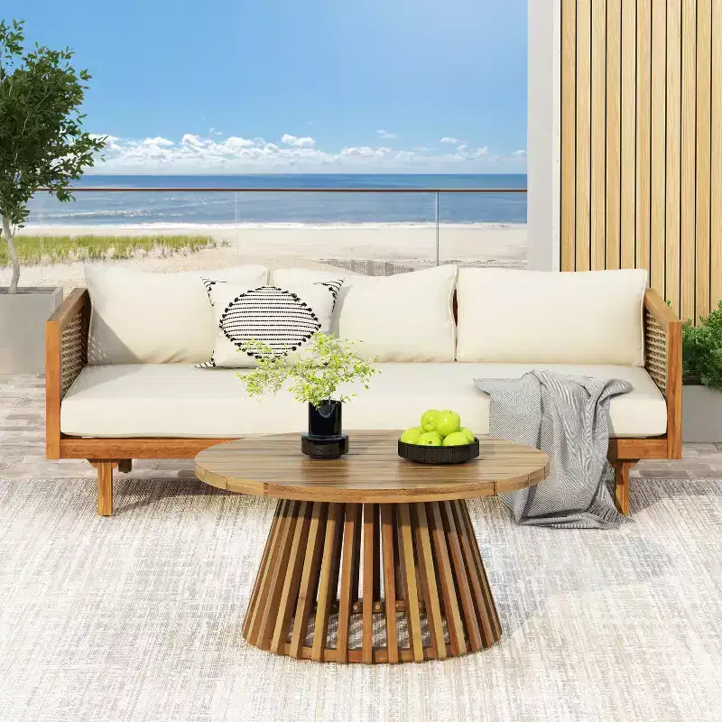 Christopher Knight Home Pascal Rustic Acacia Wood Upholstered 3 Seater Daybed with Coffee Table