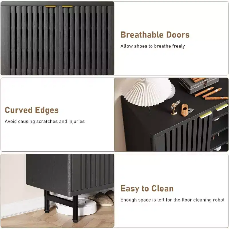 Wooden shoe cabinet with louvered doors, freestanding narrow entryway and hallway shoe rack, accommodates 24 pairs of shoes.