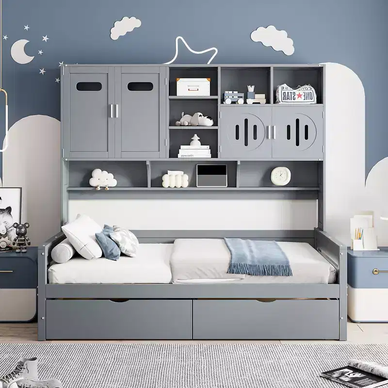 Twin/Full Size Wooden Daybed with 2 Drawers, All-in-One Cabinet and Shelves