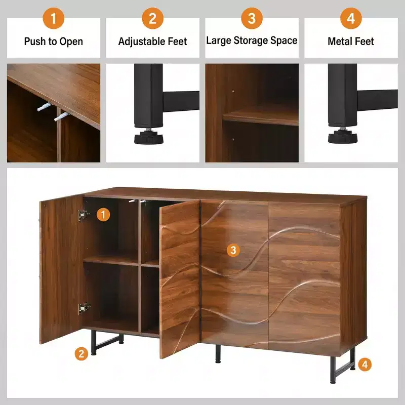 59 Modern Solid Wood Sideboard with Wave Relief & Iron Legs