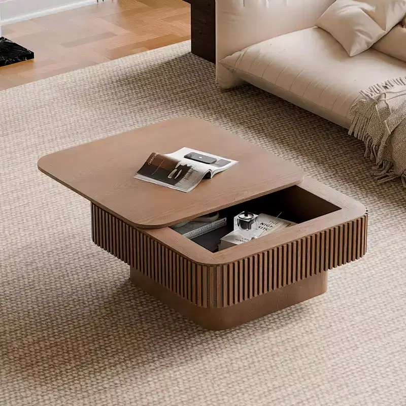 Square Coffee Table with Storage, Modern Wood Center Table for Living Room, Walnut