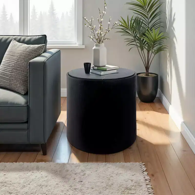 Modern Stone & Mango Wood Accent Table with Sleek Marble Top, Contemporary Round Design, Durable Solid Wood Base for Stylish Home Decor