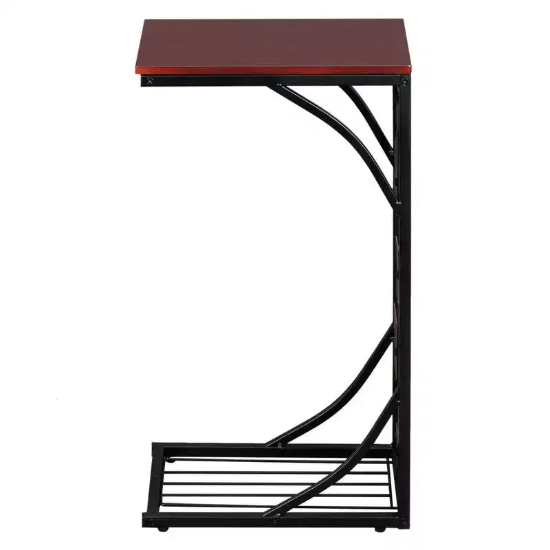 Disassembled and Assembled Single-layer C-shaped Table with Brown Density Board Tabletop, Black Powder-coated Iron Frame, Gravel Pattern Side Table