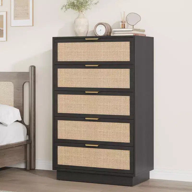 Rattan 5 Drawer Dresser, 46.7in Tall Black 5 Chest of Drawers with Metal Handles and Wooden Sturdy Base for Bedroom Living Room Nursery