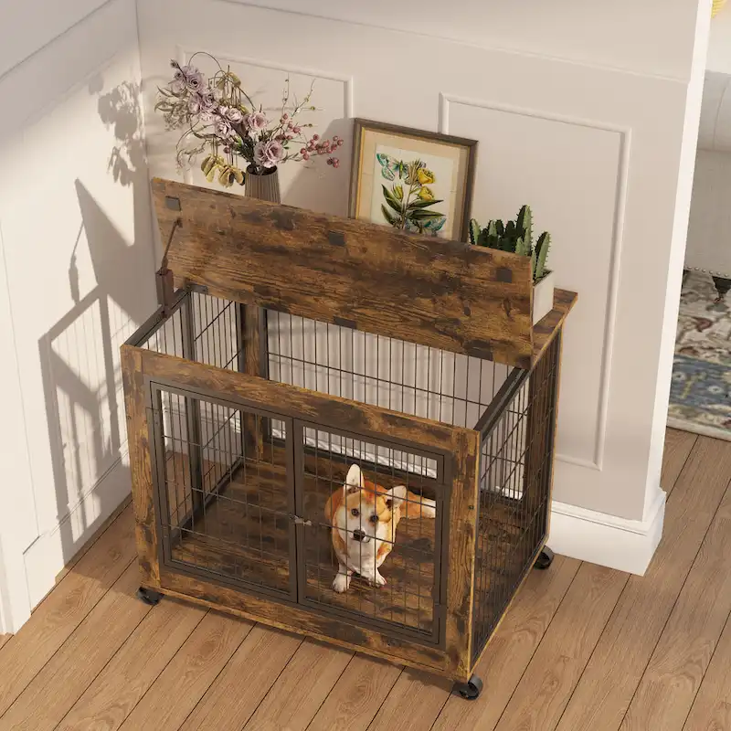 Furniture Style Dog Crate Side Table on Wheels with Double Doors and Lift Top