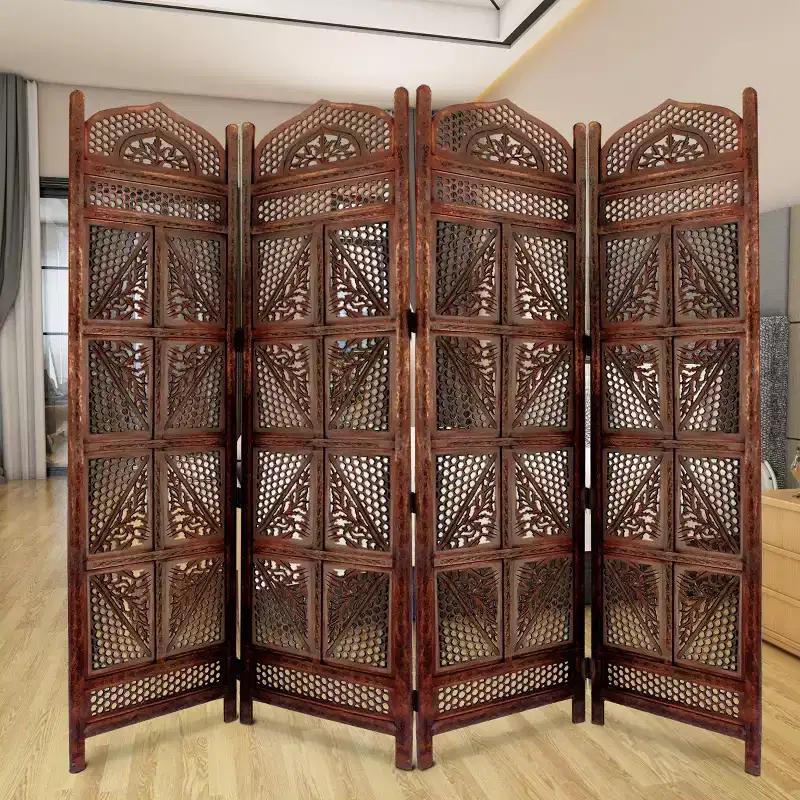 Benzara Traditional Four Panel Wooden Room Divider with Hand Carved Details Antique Brown