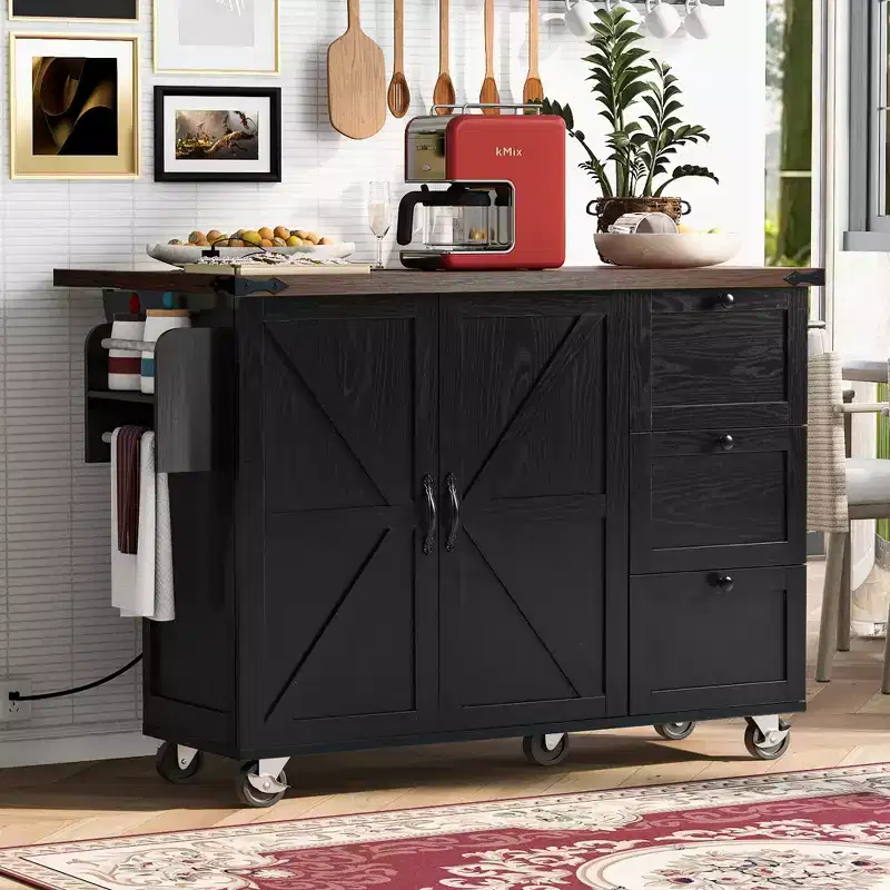 Kitchen Island, 54.5 Rolling Trolley Cart, Storage Island with Drop Leaf Worktop, Spice Rack, 3 Drawer and 2 Doors, Rolling Cart on Wheels