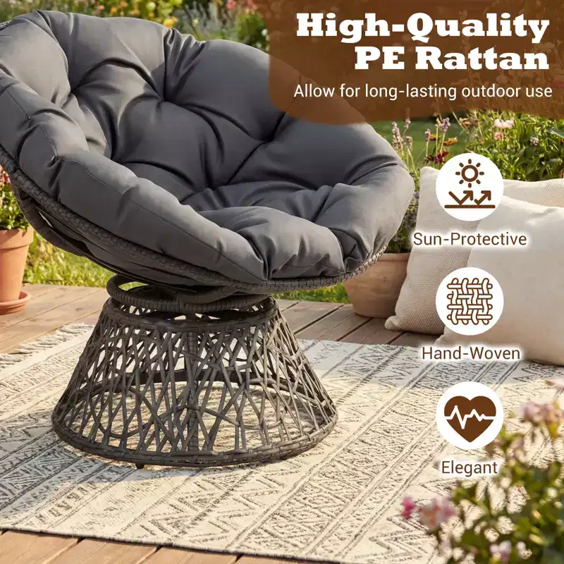 Gymax 360-DegreeSwivel Papasan Chair Round Wicker Lounge Chair w/Thick Cushion&Metal Frame
