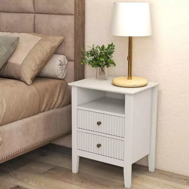 Fluted Nightstand with Charging Station, 2 Drawers & Storage Shelf