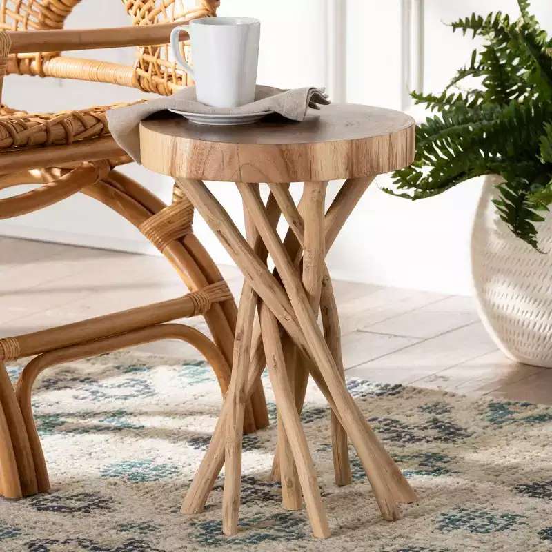 Natural Teak Wood Round End Table – Bohemian Carved Sculpture Base