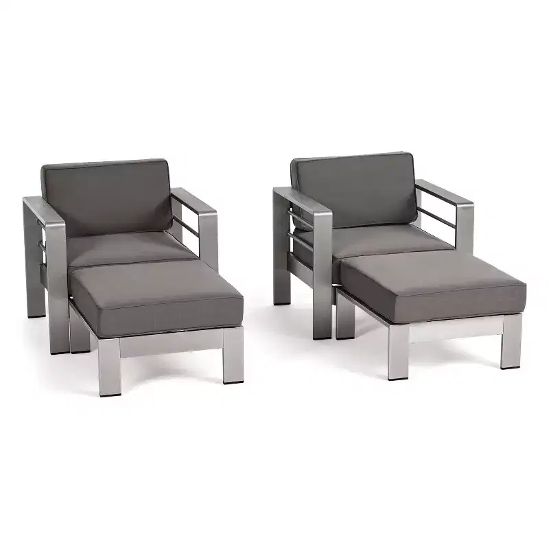 Christopher Knight Home Cape Coral Outdoor Aluminum 4 Piece Club Chair and Ottoman Set with Cushions, Khaki/Silver