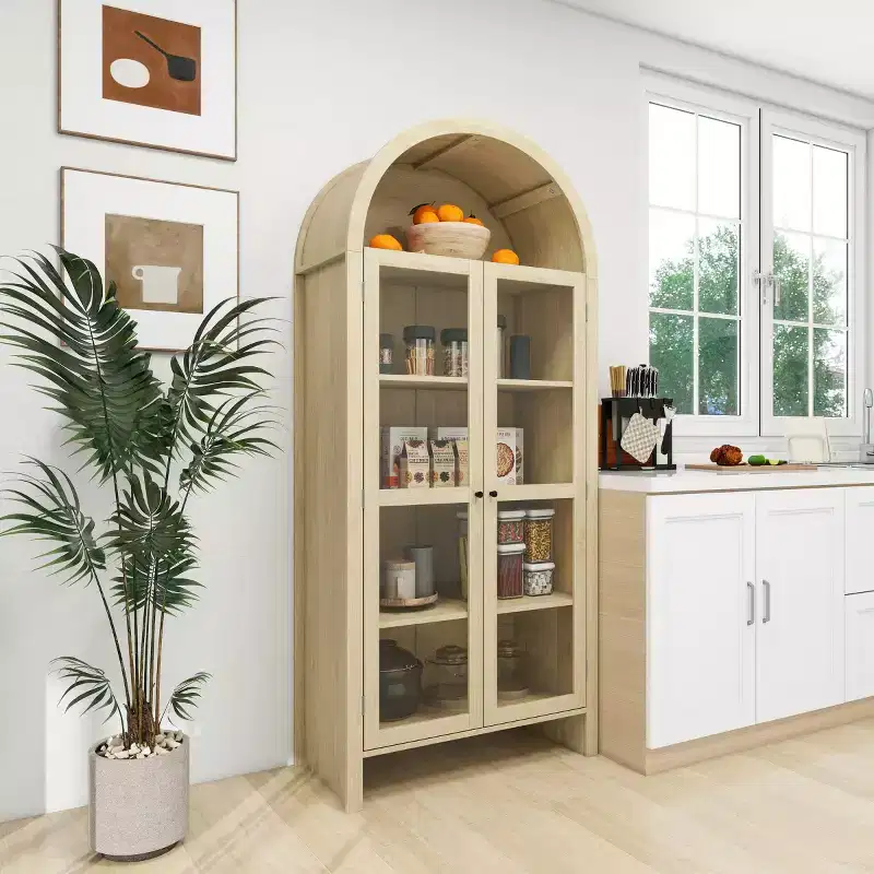 70 Modern Arched Display Cabinet with Glass Doors, Natural Kitchen Storage Cabinet for Dining Room, or Living Room-