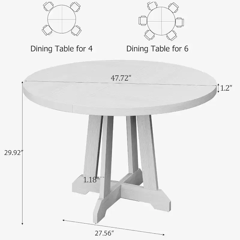 Round Dining Table for 4 - 6 People, 47 Inches Dining Room Table with Wooden Pedestal Base, (Table Only)