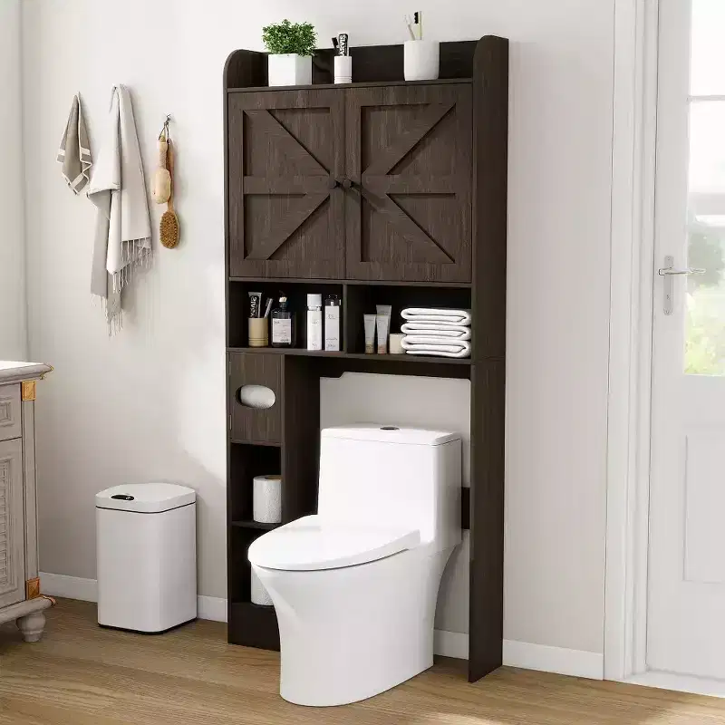 Over-Toilet Storage Cabinet with Barn Doors, Toilet Paper Holder & Adjustable Shelf, Farmhouse Style