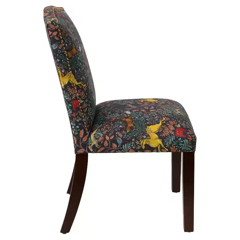 Skyline Furniture Ayala Nail Button Patterned Dining Chair Frolic Navy: Upholstered Linen-Cotton Blend, Camel Back Design, Tapered Wooden Legs