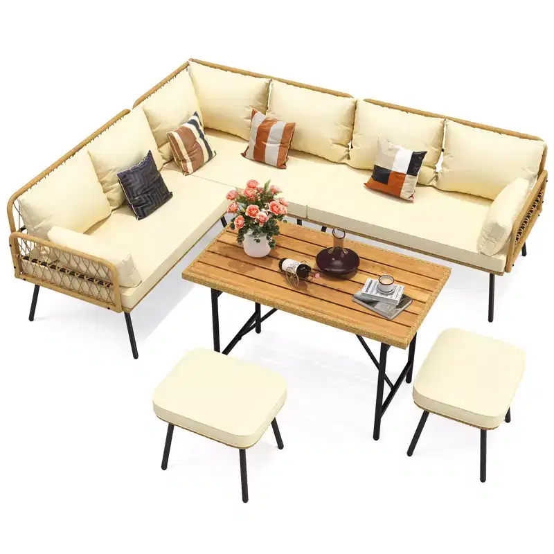 6 Pieces Wicker Patio Conversation Set with Table, Outdoor L-Shaped Sectional Sofa Set with Cushions, All Weather Boho Rattan Conversation Couch Sets