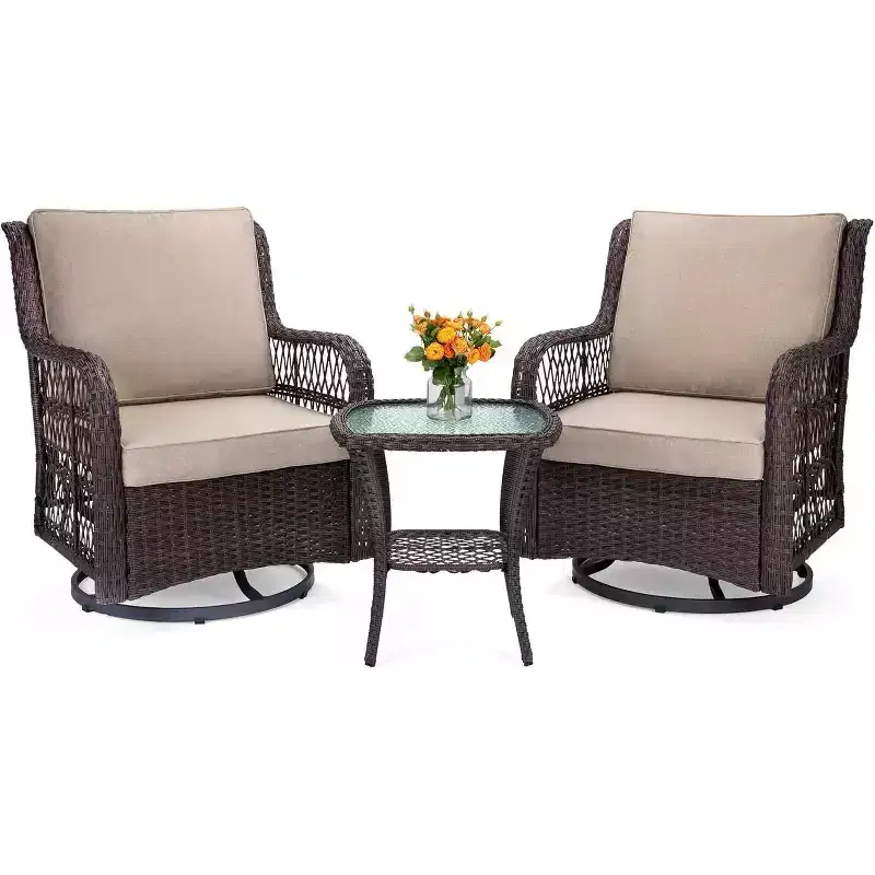 Acekool 3-Piece Swivel Rocking Chair Set - Outdoor Rattan with Side Table