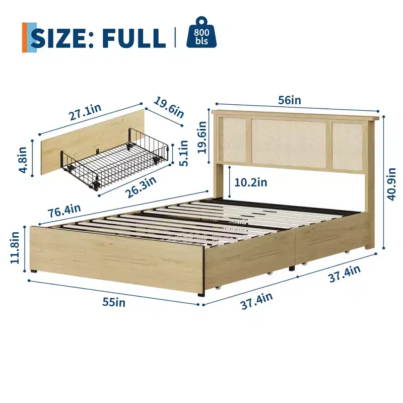 Full-size bed frame with bohemian rattan headboard, wooden slatted base and metal frame support, sturdy and quiet construction, easy assembly.
