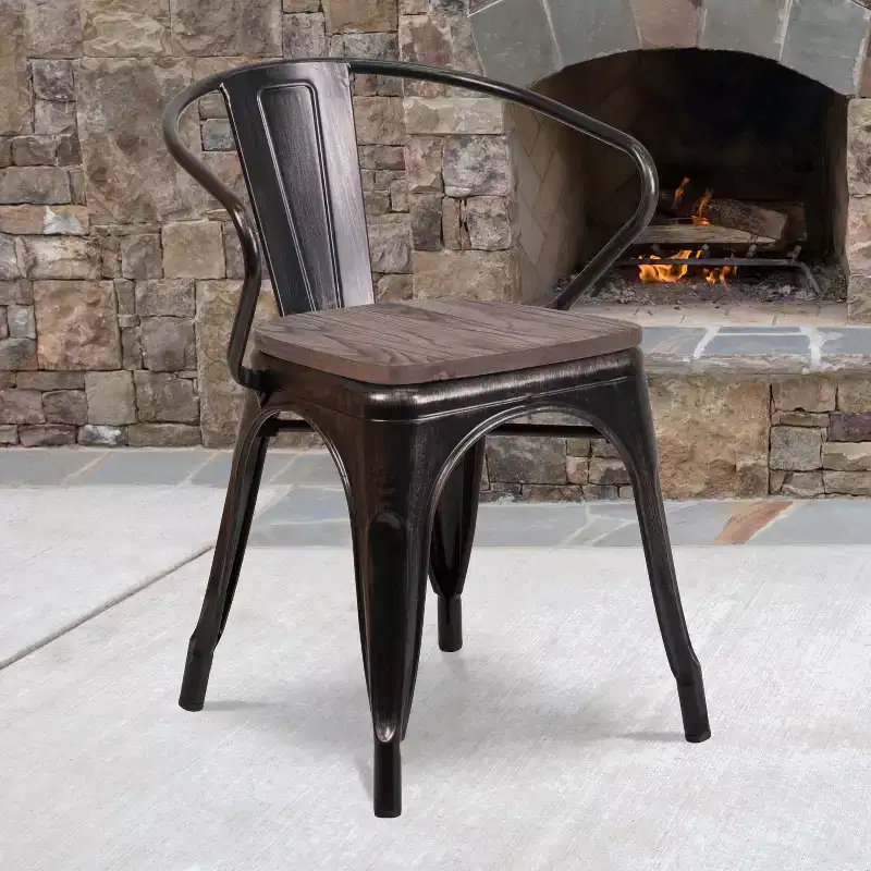 Stackable Bistro Metal Chair with Wood Seat and Arms