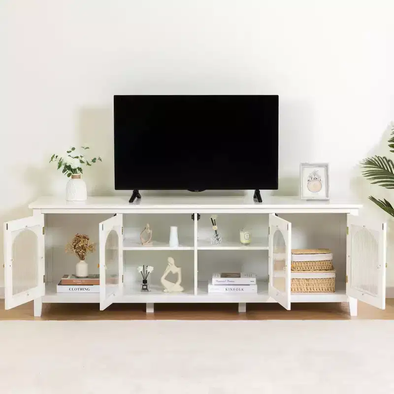 Modern TV Stand for 70 Inch TV, Media Console with Hard Wood Frame, Entertainment Center with Glass Door and Metal Handle for Living Room