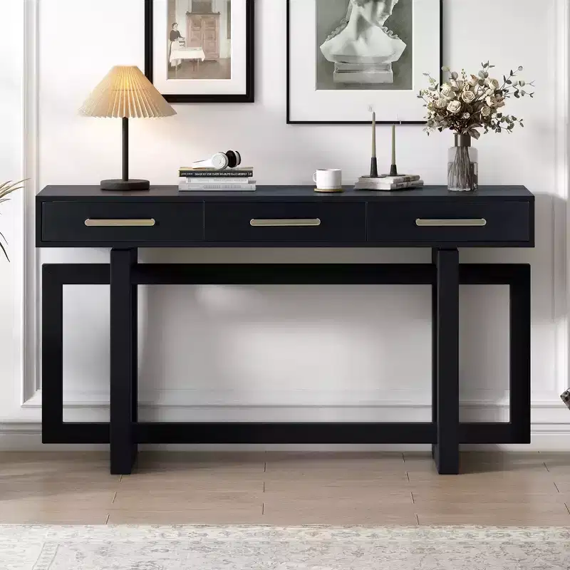 57IN Elegant Console Table with Unique Legs Design, Entryway Table with 3 Drawers and Metal Handles, Hallway Table for Living Room, Foyer