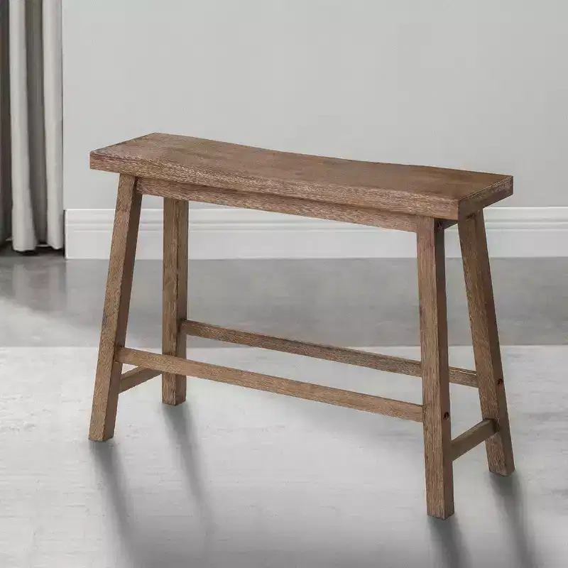 33 Inch Saddle Seat Bench with Angled Frame, Sandblasted Acacia Wood Construction