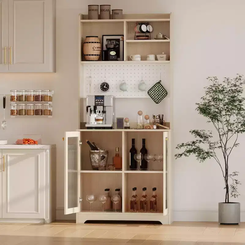 71 Tall Pantry Cabinet with 2 Glass Doors, Freestanding Kitchen Storage Cabinet with 7 Storage Blocks & Adjustable Shelves
