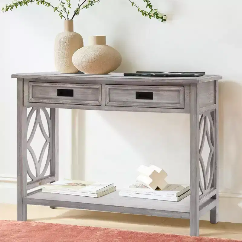 Gray Wood 2-Drawer 1-Shelf Console and Entryway Table