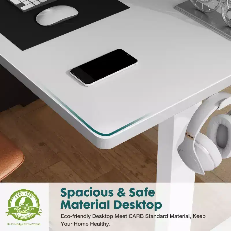 Electric Height-Adjustable Standing Desk, Splice Board Desktop, 2 Hooks & Cable Management, White