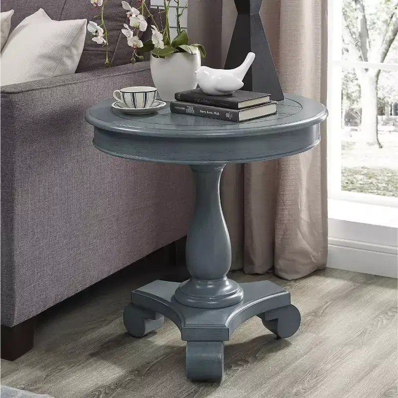 Round Wood Pedestal Side Table, Teal