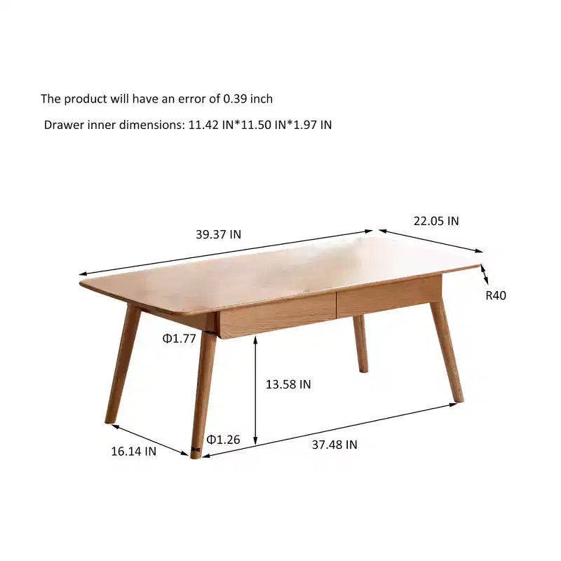 GDFStudio Dean Oak Solid Wood Rectangular Coffee Table with Two Dawers