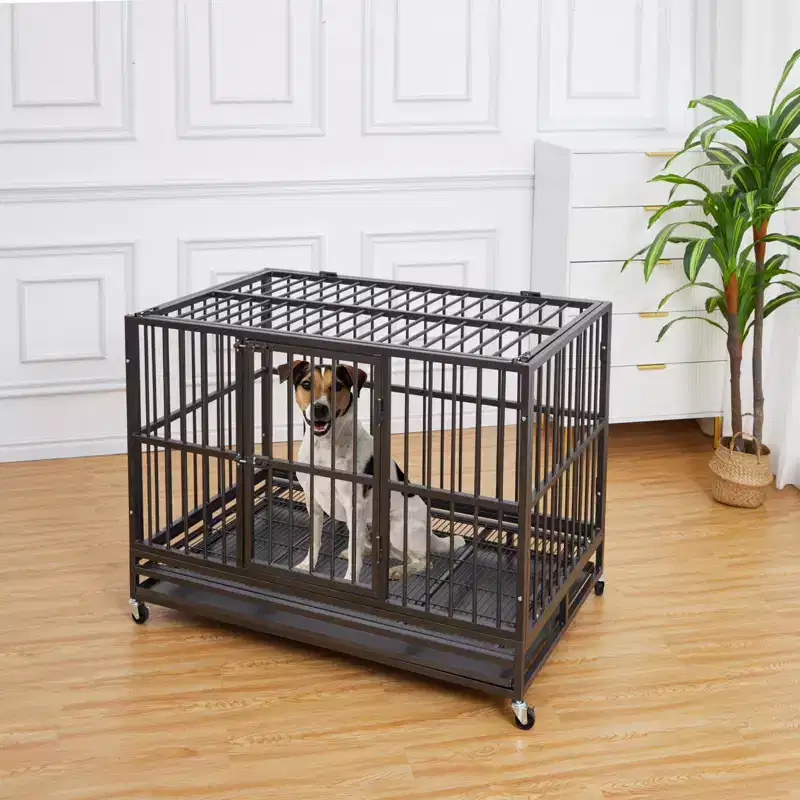 Heavy Duty Dog Crate Cage Kennel, Indestructible Steel Escape Proof, 360 Lockable Wheels, Removable Tray, Top Open Design, for Medium Large Dogs