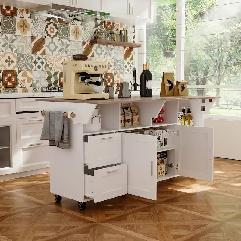 Rolling Kitchen Island Cart with Flip-Top Table, 2 Drawers, 2 Cabinets, and Towel Rack Buffet Sidboard