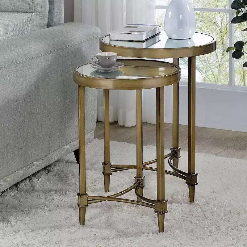 Set of 2 Brass & Mirrored Nesting End Tables, Round, Antique Brass Frame, 18