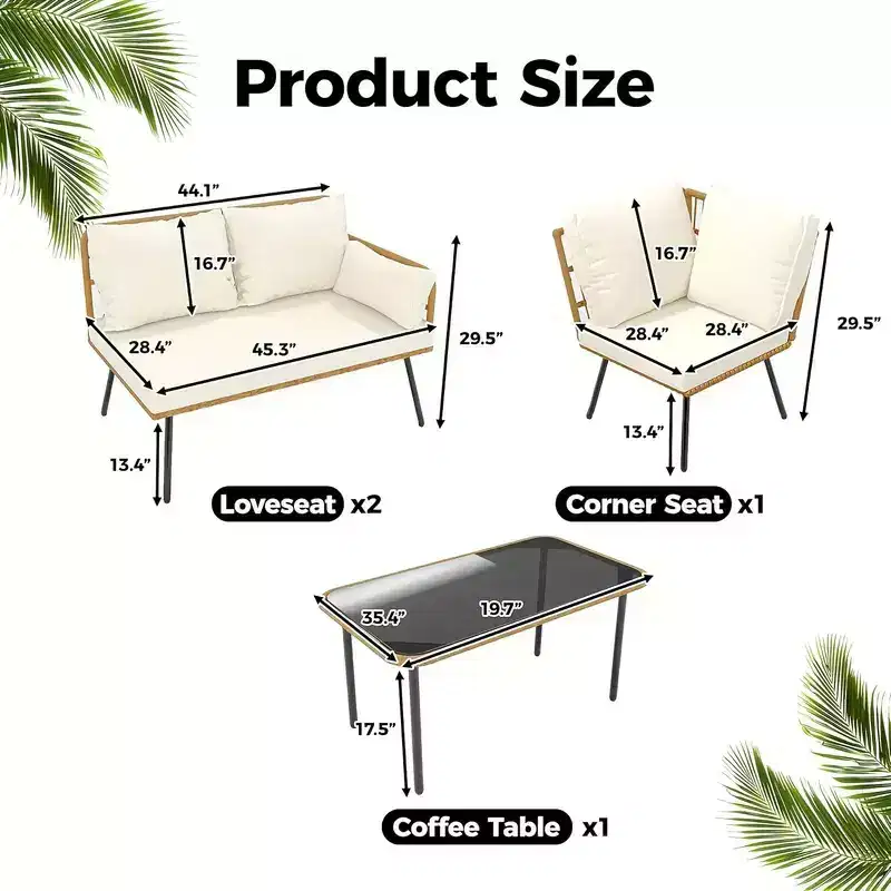 4-Piece Outdoor Wicker Patio Furniture Set, L-Shaped Sectional with Cushions, Side Table & Chairs, Boho Rattan 5-Seater for Porch, Backyard