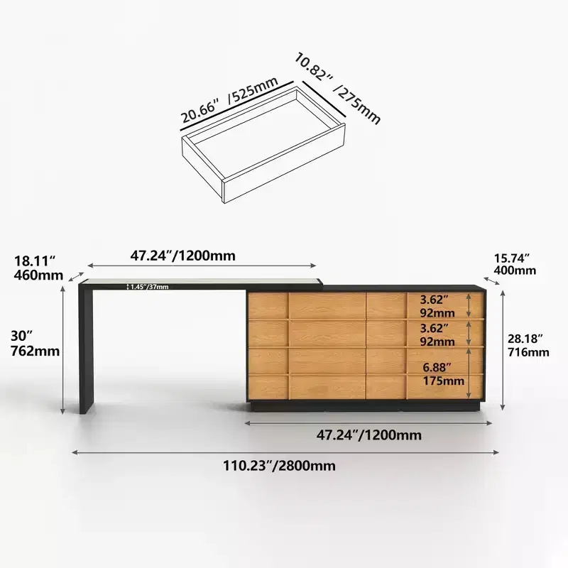 110.23 Extendable Desk with Saddle Leather Top 6 Drawers Modern L Shaped Computer Writing Table for Home Office Black Gaoyangjiaju