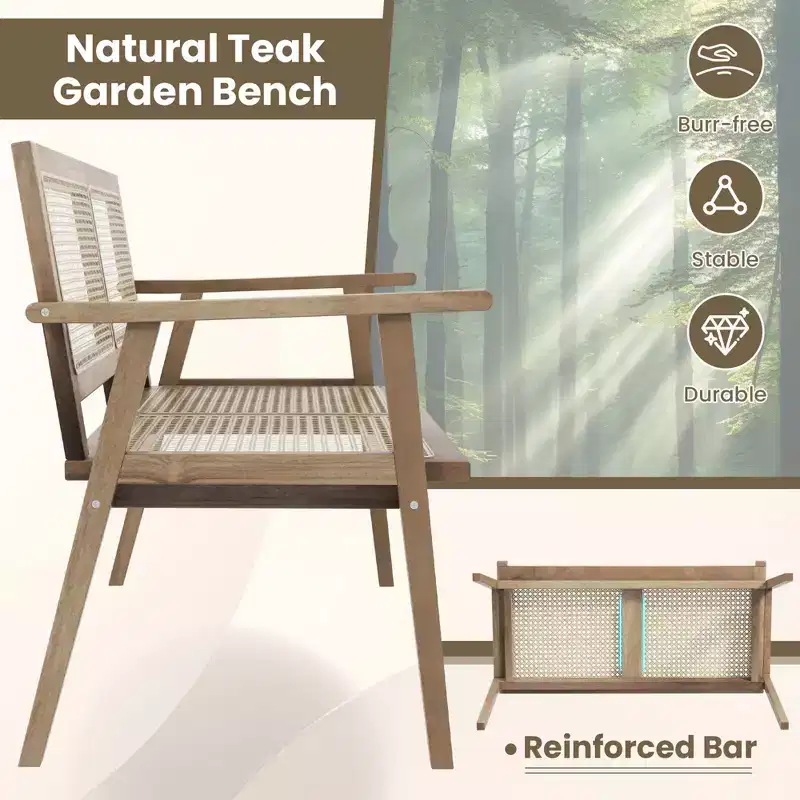 Costway Indonesia Teak Wood Garden Bench 2-Person Bench with Armrests Natural Rattan Backrest & Seat
